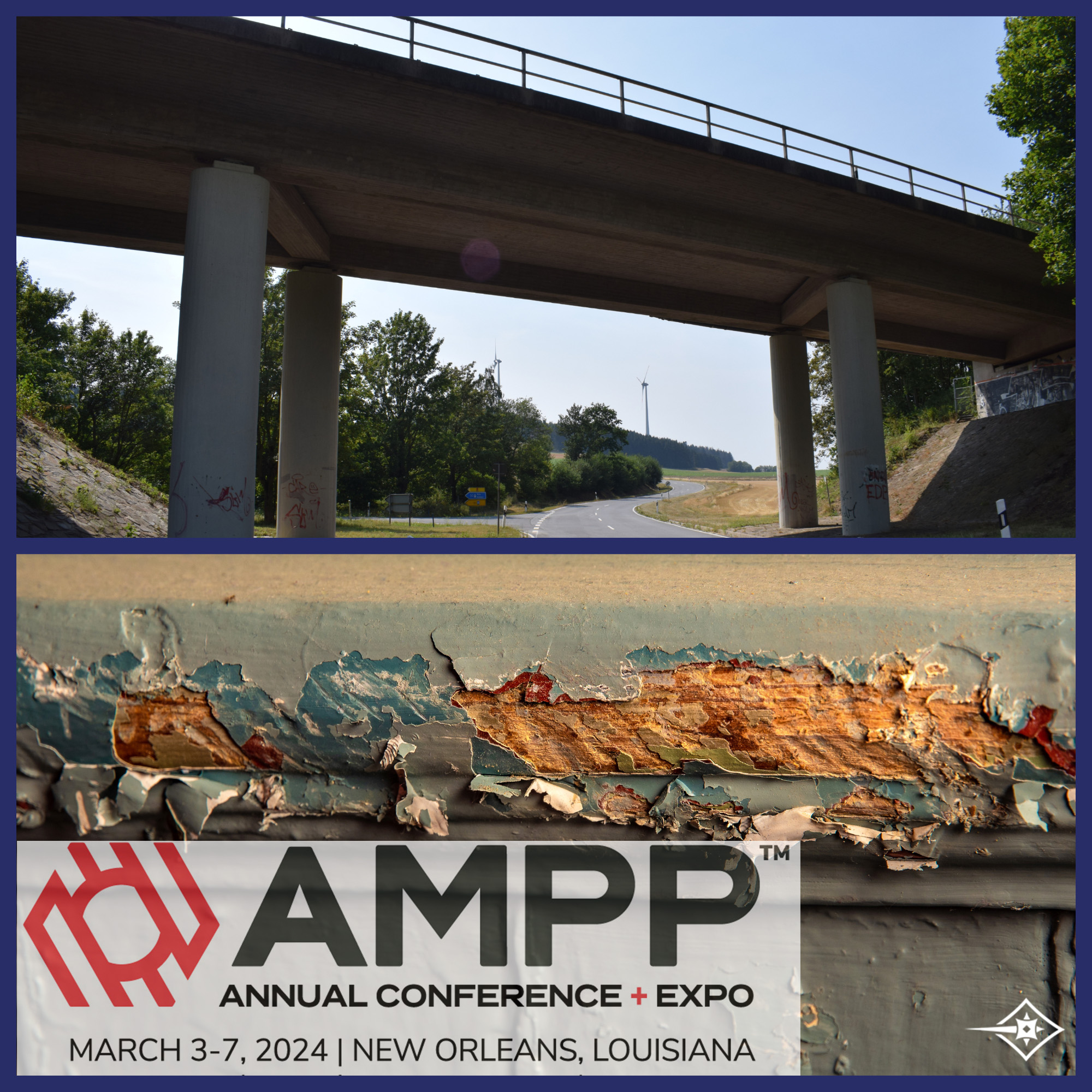 AMPP annual conference and expo logo over a picture of a bridge and a picture of paint chipping