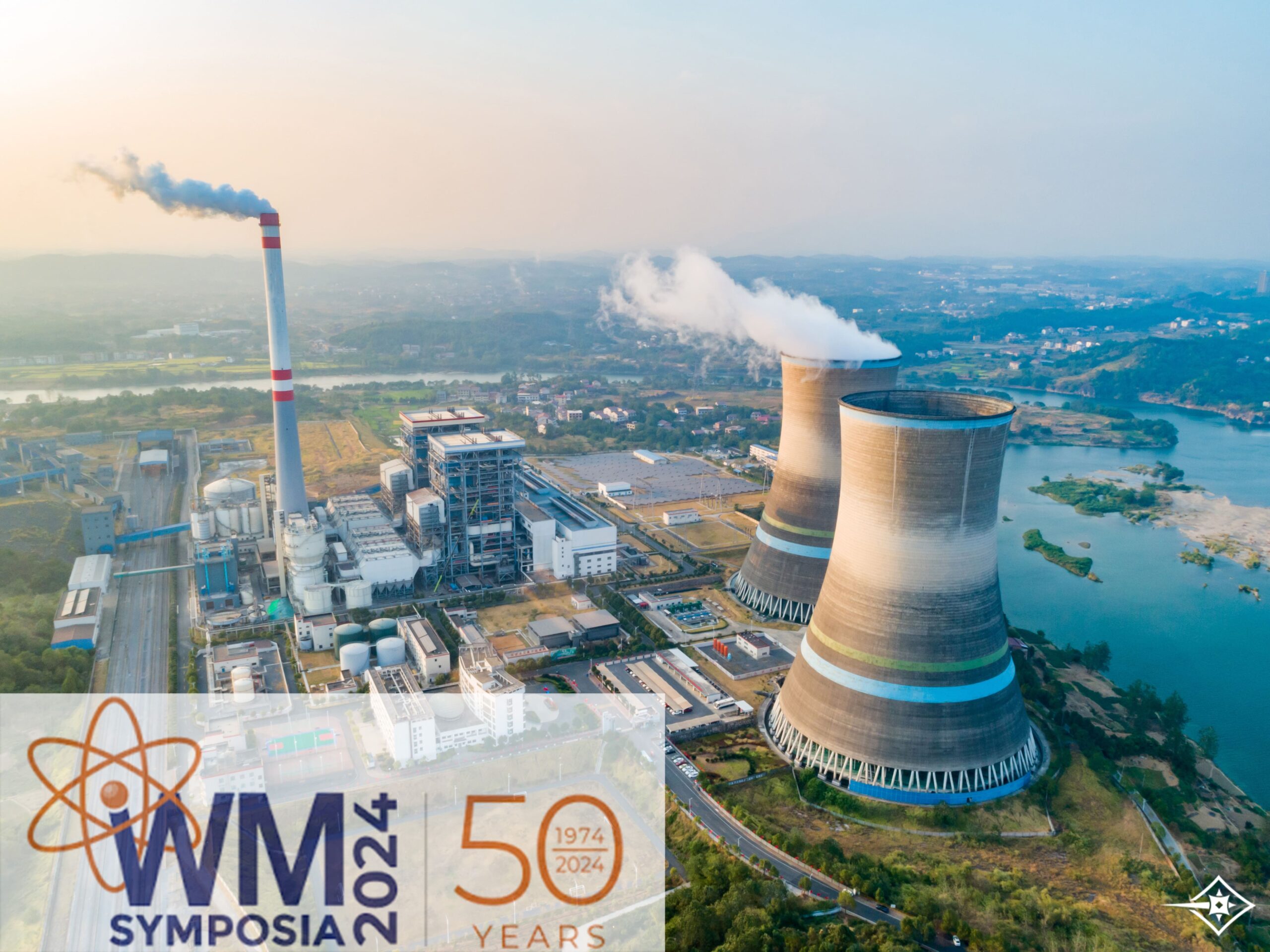 the WM Symposia logo for the 50th conference is over a nuclear power plant background