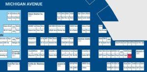 A picture of a floor plan for McCormick place in Chicago with booths marked for an aviation tradeshow