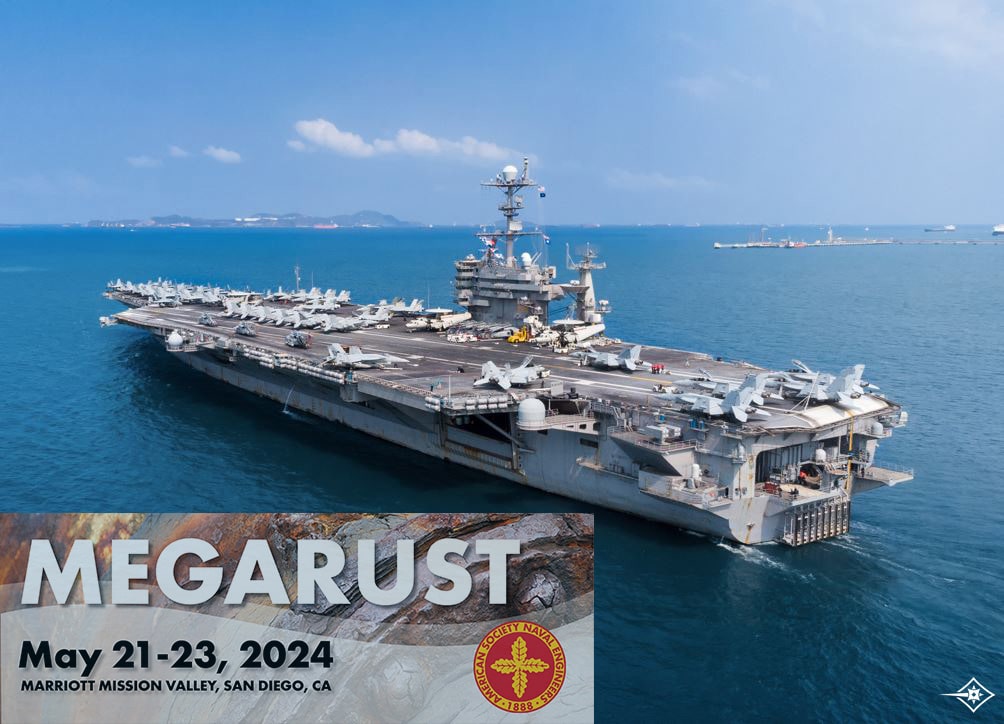 large navy boat is sailing on blue ocean with a logo for megarust show in left corner