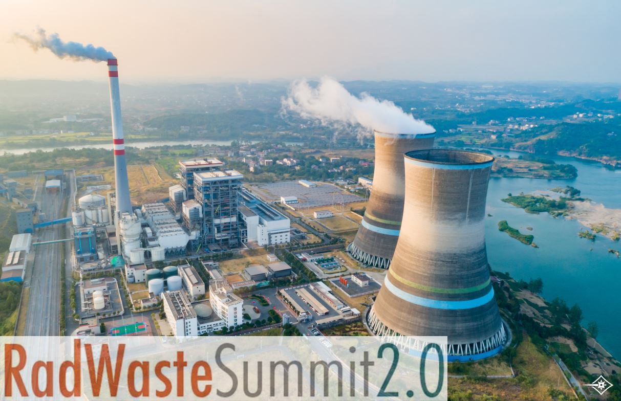 A background of a nuclear power plant with smoking turbines and a RadWaste Summit 2.0 logo in transparent white in front with an adapt laser logo in the bottom right corner